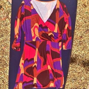 Boden Elena Knit fixed Wrap Long Sleeve V Neck Colorful Abstract Women's Dress M